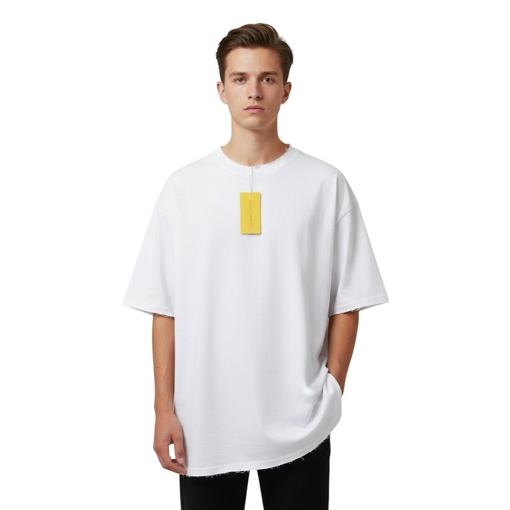 Yellow Label‎ Co Mens White Oversized Raw Edge Cotton T-Shirt Made in Portugal S
